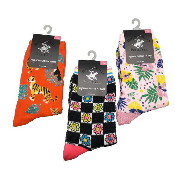 Beverly Hills Polo Club Crew Socks Checkered Flowers Jungle Hawaiian Women Sz5-9 - Picture 1 of 6